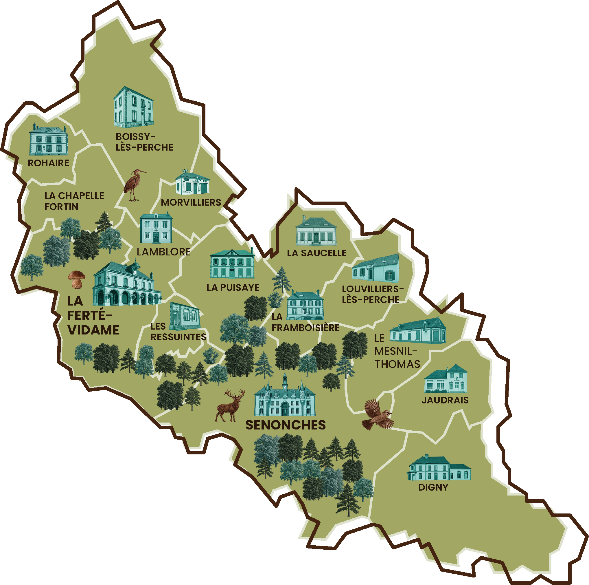 Carte illustrée des communes des Forêts du Perche